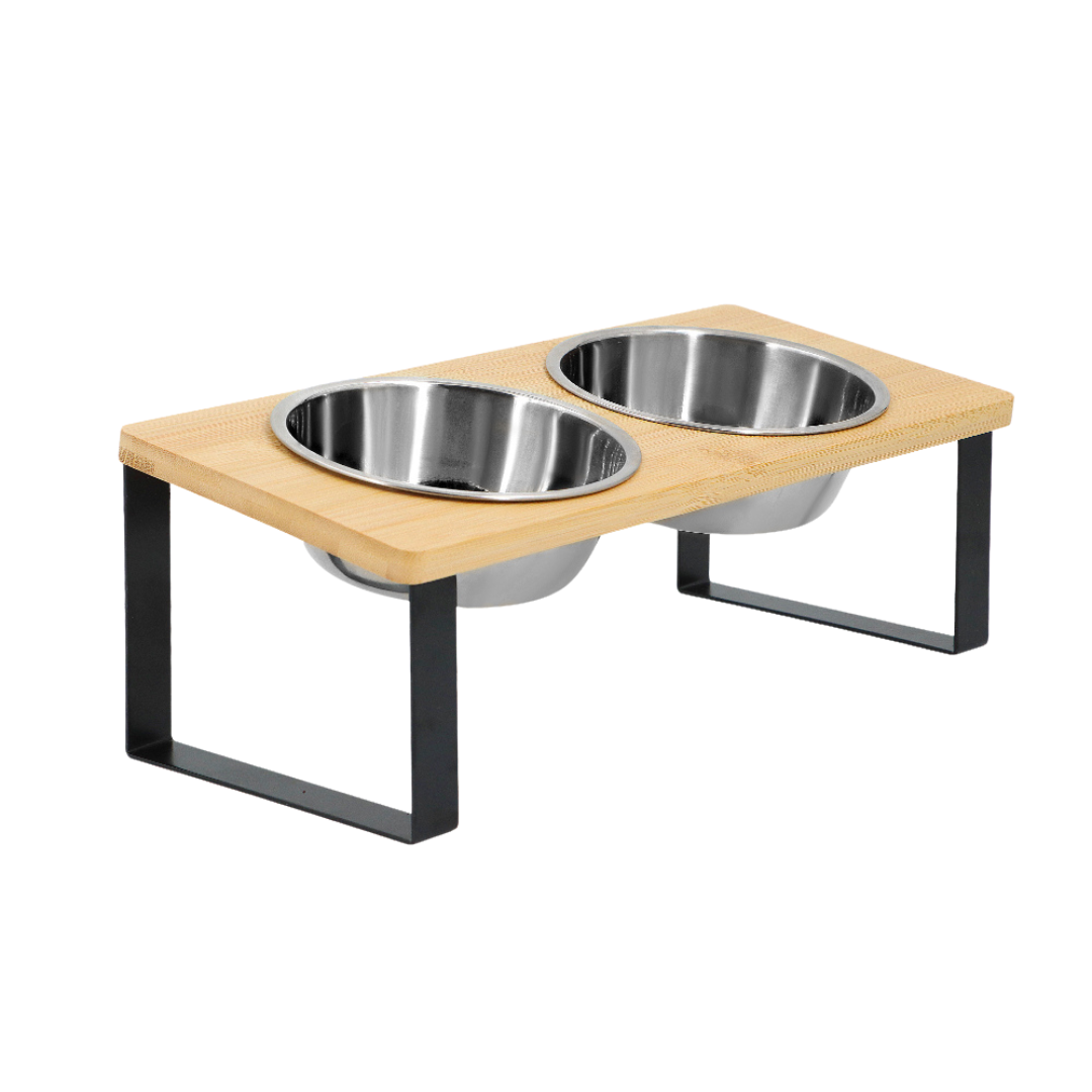 Elevated Dog Bowls with Wooden Stand and Stainless Steel Bowls