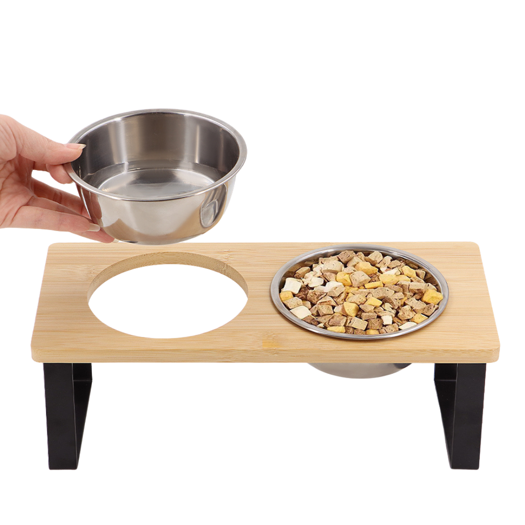 Elevated Dog Bowls with Wooden Stand and Stainless Steel Bowls