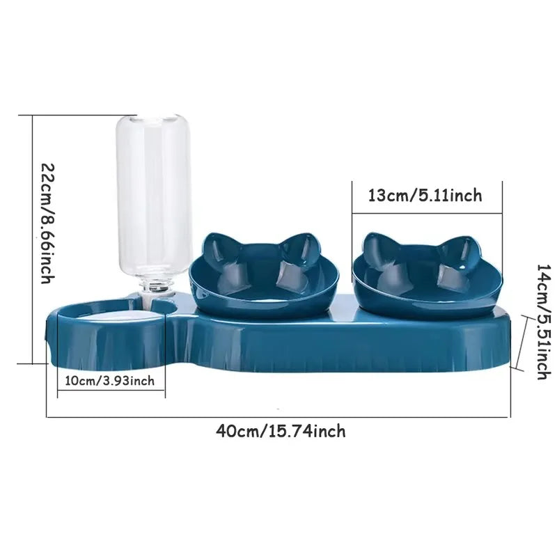 Triple Cat Bowl Feeder with Automatic Drinking Bottle