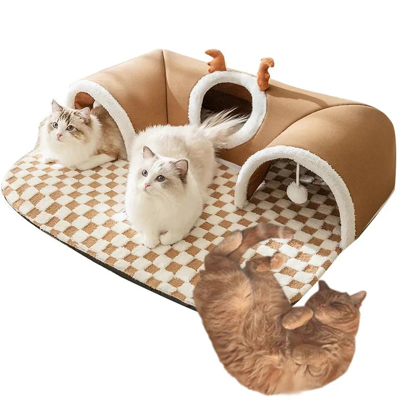 Cat Tunnel Bed with Peekaboo Plush Toy for Kittens