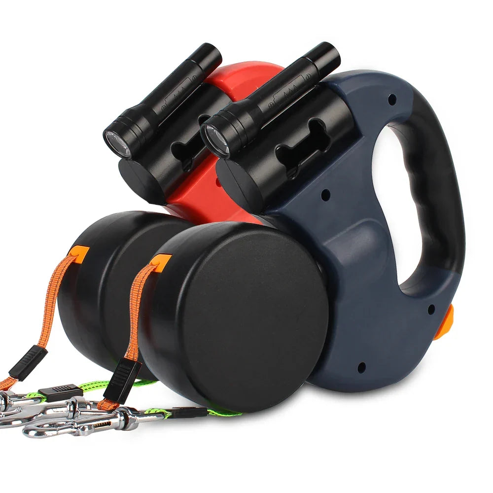 Retractable Dual Dog Leash with Flashlight and Waste Bag Holder