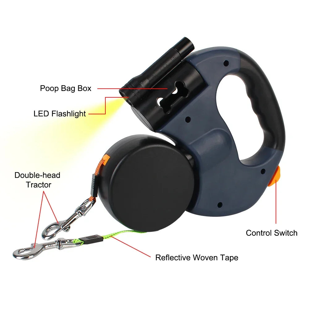 Retractable Dual Dog Leash with Flashlight and Waste Bag Holder