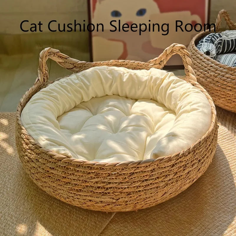 Handmade Vine Woven Cat Nest with Detachable Washable Pad