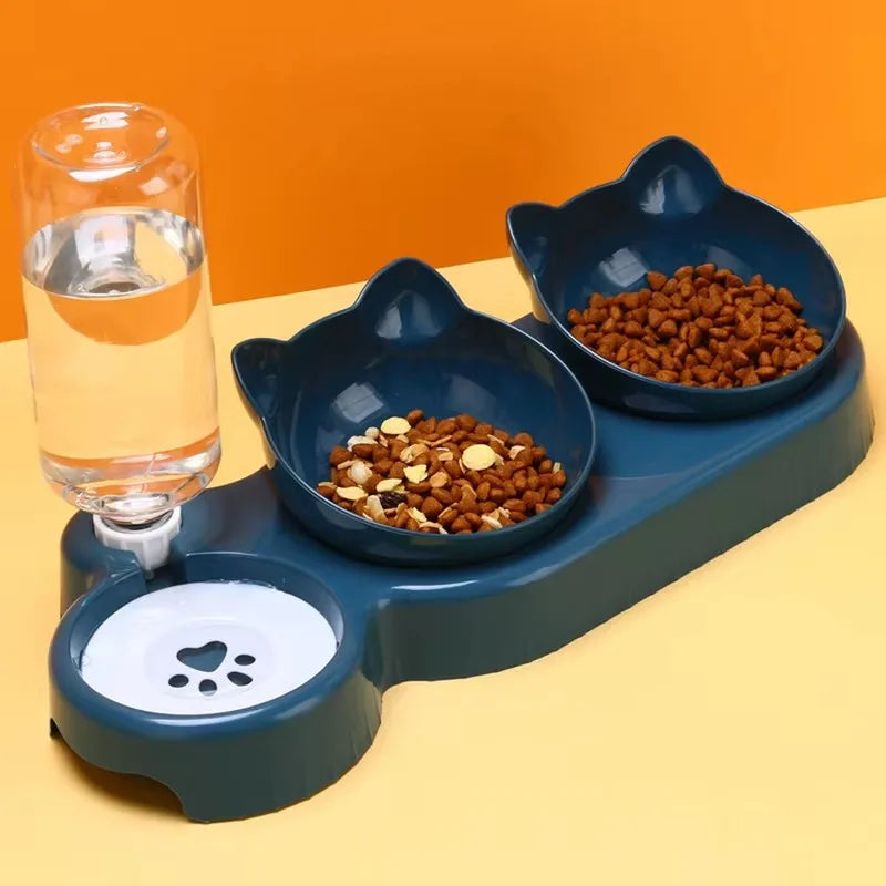 Triple Cat Bowl Feeder with Automatic Drinking Bottle