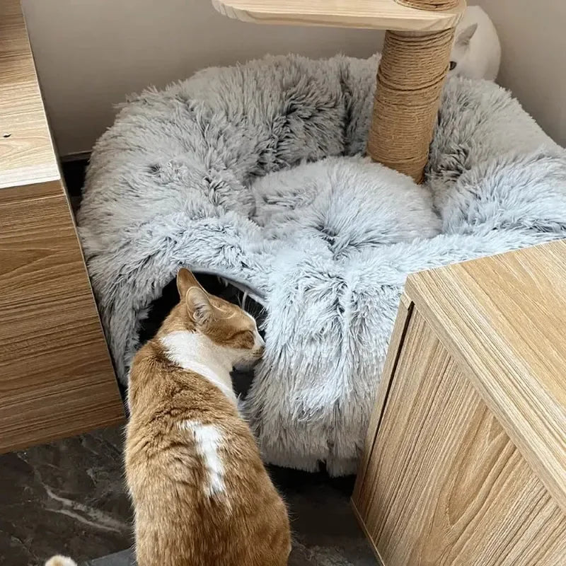 Plush Donut Cat Bed with Tunnel