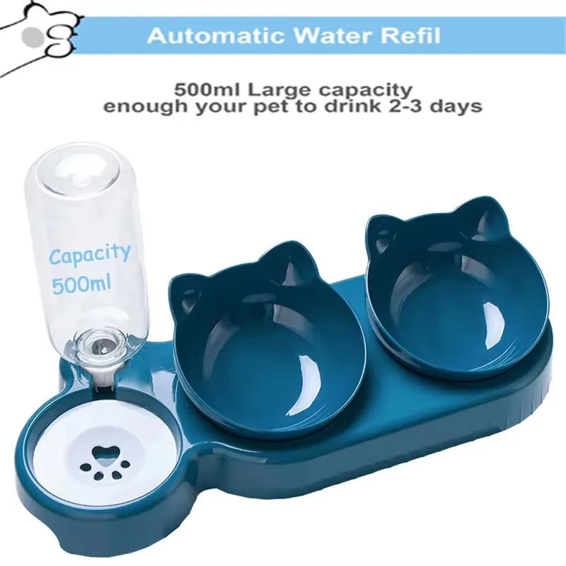 Triple Cat Bowl Feeder with Automatic Drinking Bottle