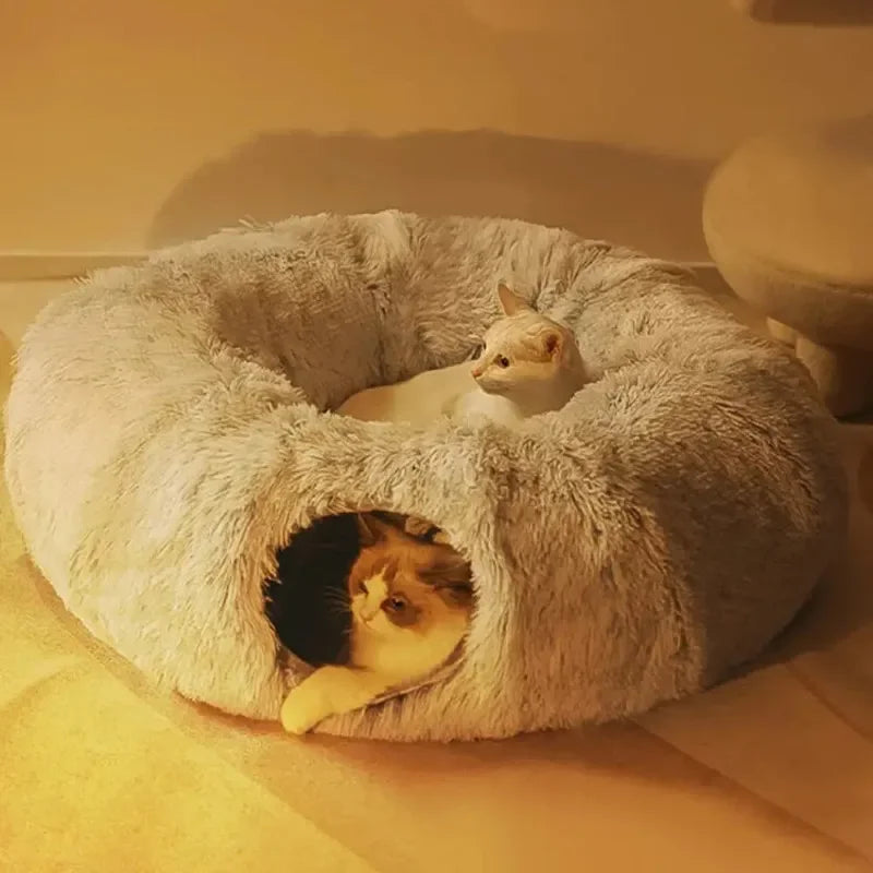 Plush Donut Cat Bed with Tunnel
