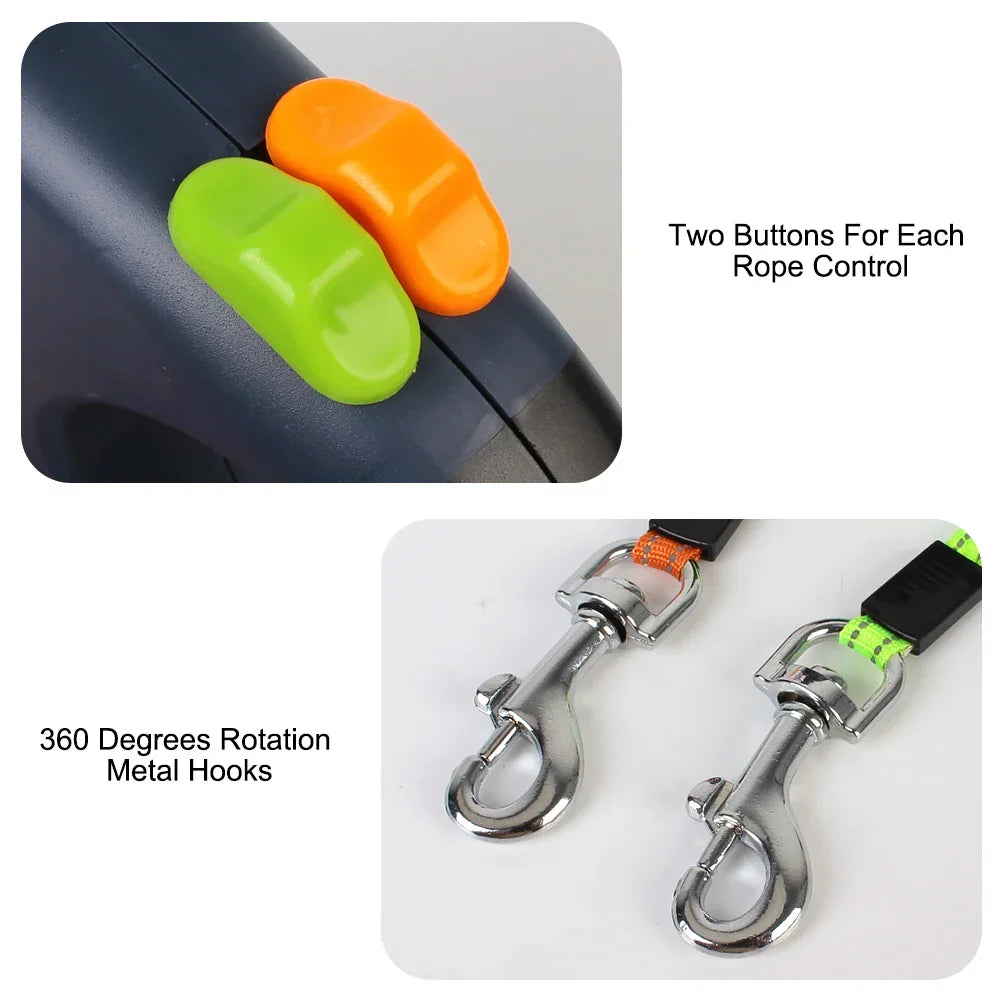 Retractable Dual Dog Leash with Flashlight and Waste Bag Holder