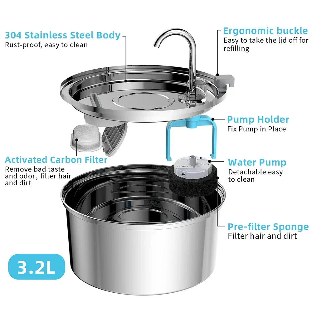 Stainless Steel Automatic Pet Water Fountain with Quiet USB Pump