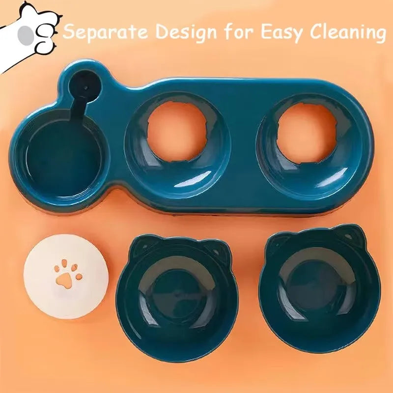 Triple Cat Bowl Feeder with Automatic Drinking Bottle