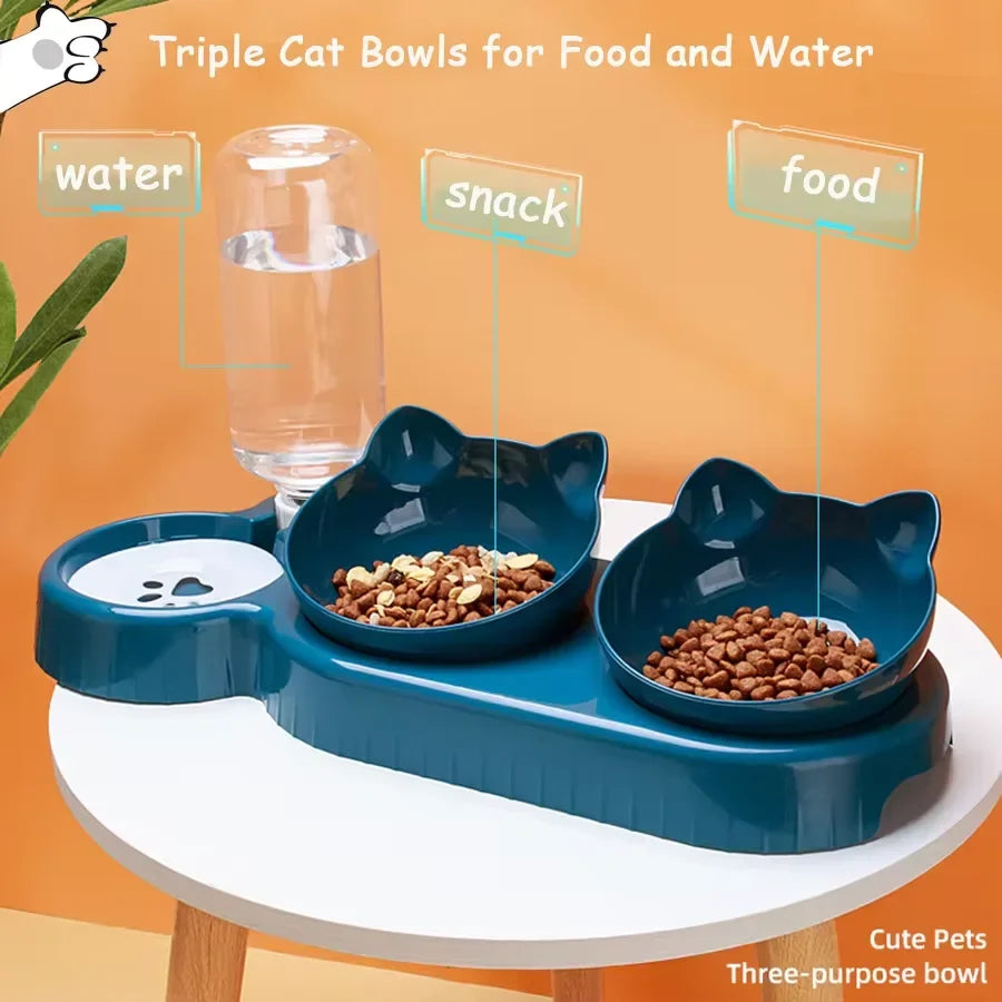 Triple Cat Bowl Feeder with Automatic Drinking Bottle