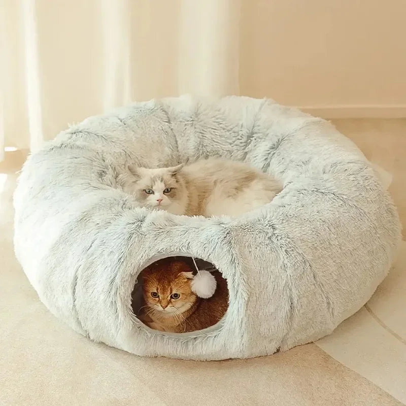 Plush Donut Cat Bed with Tunnel