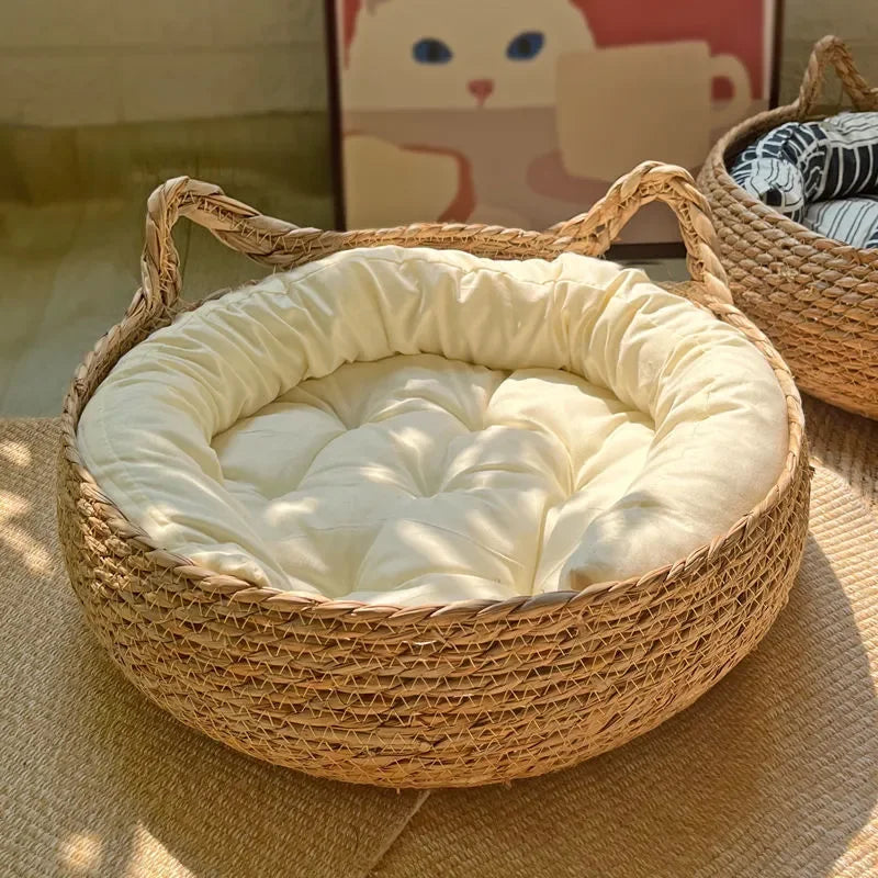 Handmade Vine Woven Cat Nest with Detachable Washable Pad
