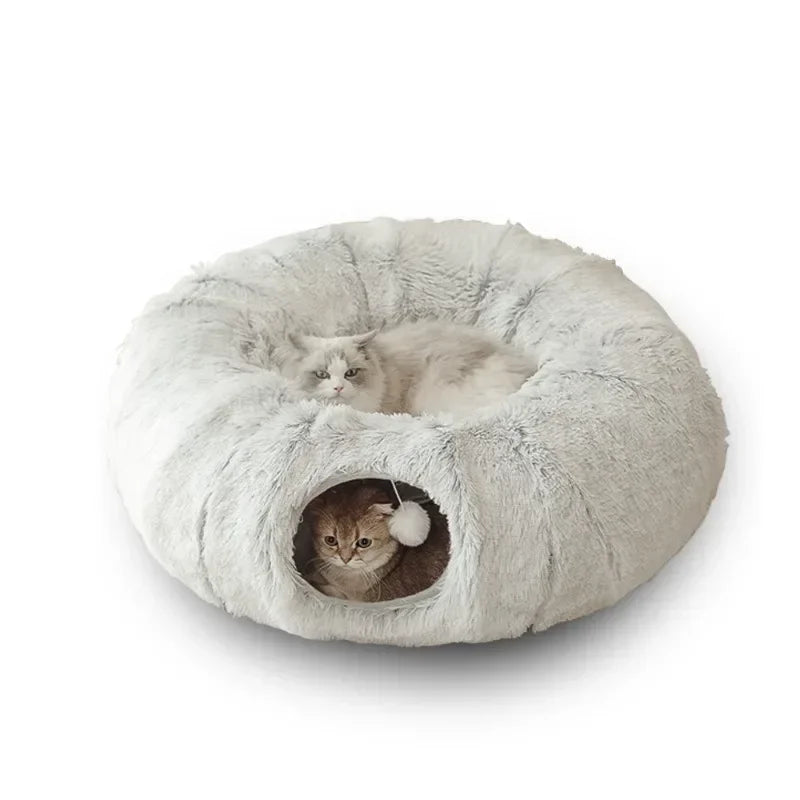 Plush Donut Cat Bed with Tunnel