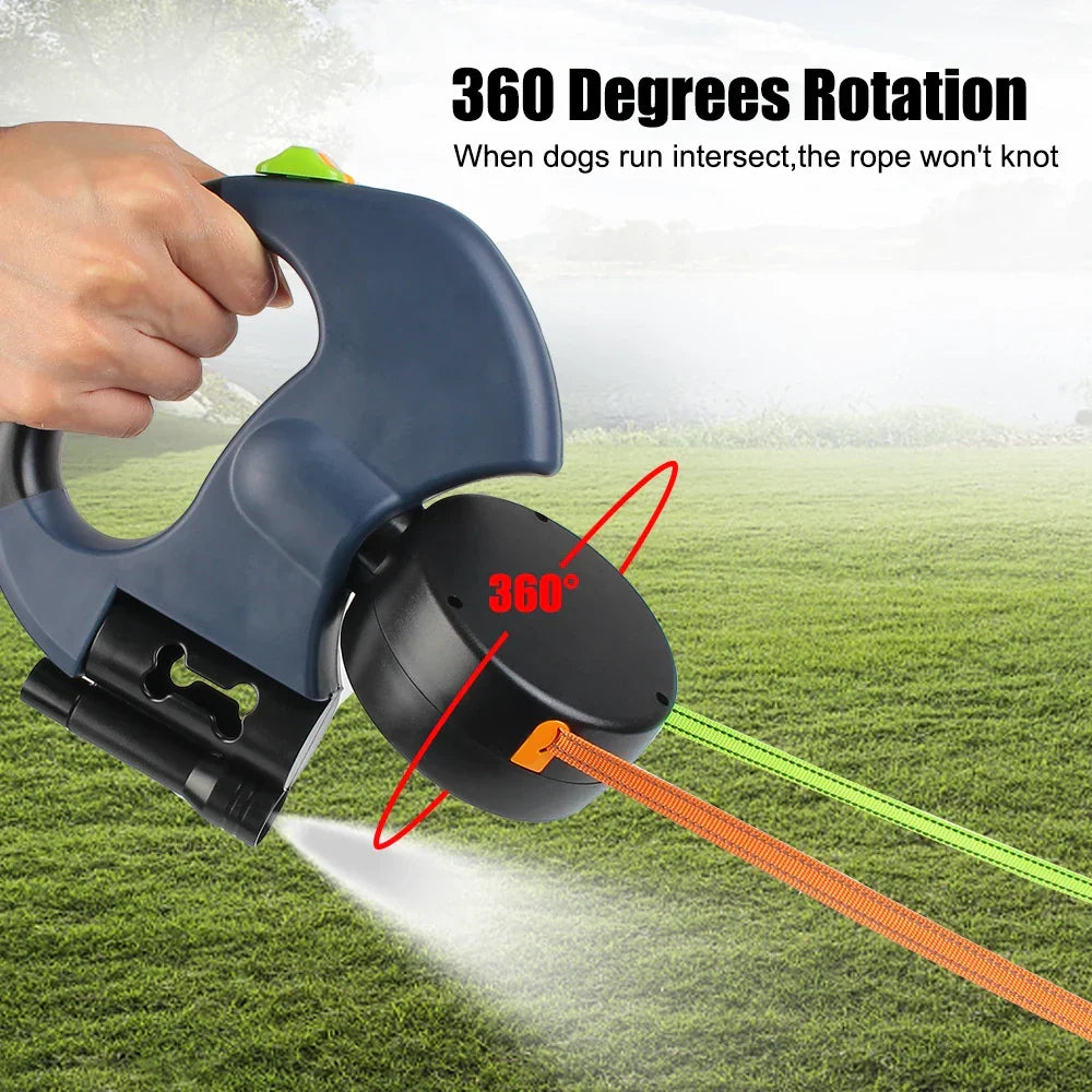 Retractable Dual Dog Leash with Flashlight and Waste Bag Holder