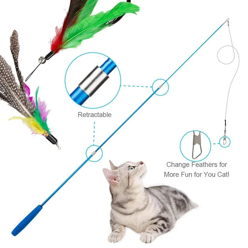 Replacement Cat Feather Toy Set with Retractable Stick