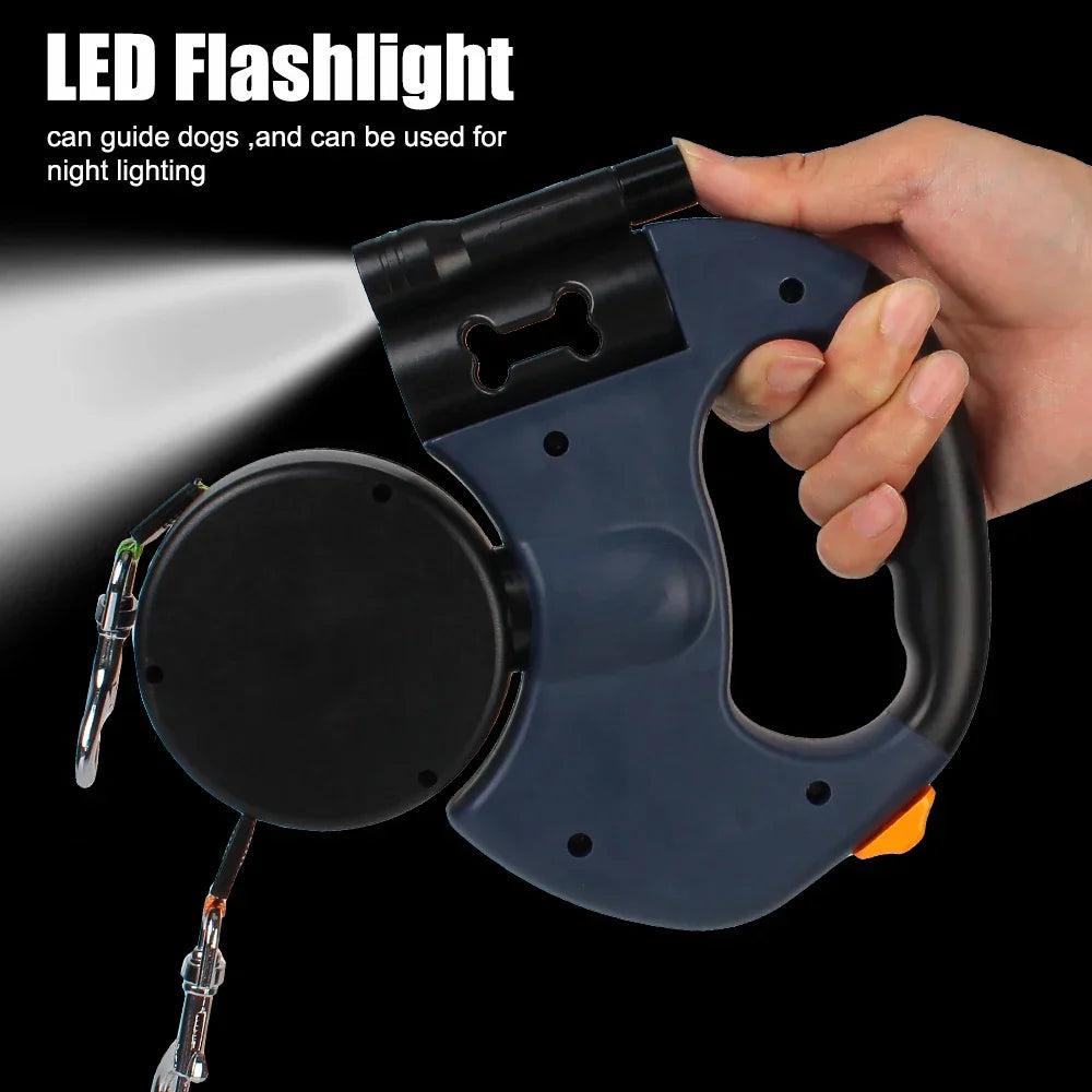 Retractable Dual Dog Leash with Flashlight and Waste Bag Holder
