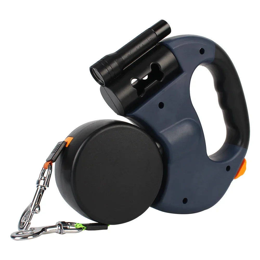 Retractable Dual Dog Leash with Flashlight and Waste Bag Holder