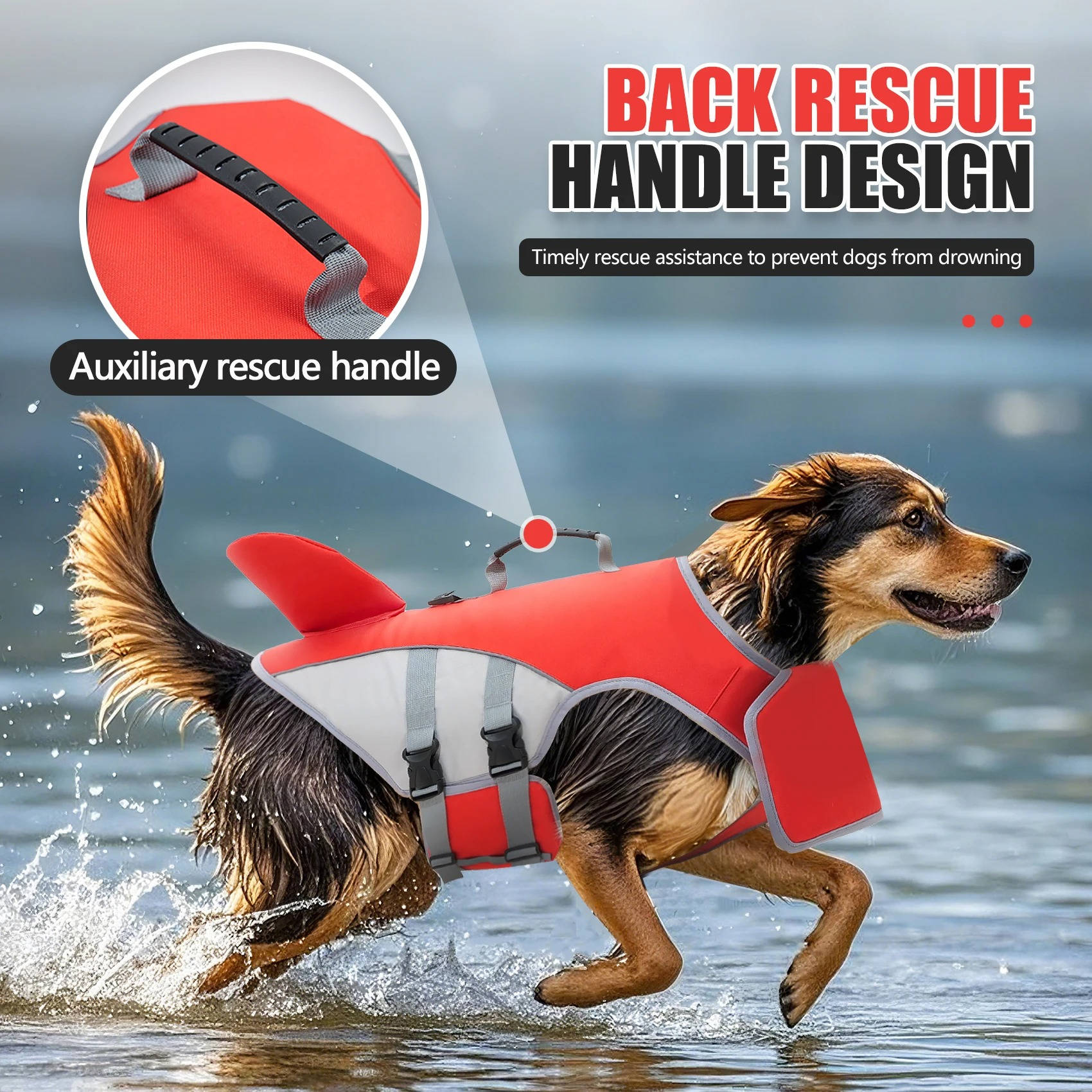 Shark Fin Dog Float Jacket with Rescue Handle