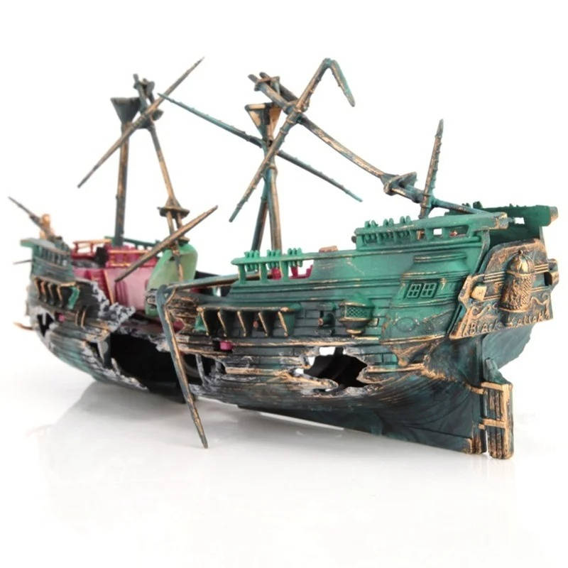Large Sunken Boat Aquarium Decoration with Air Bubbler