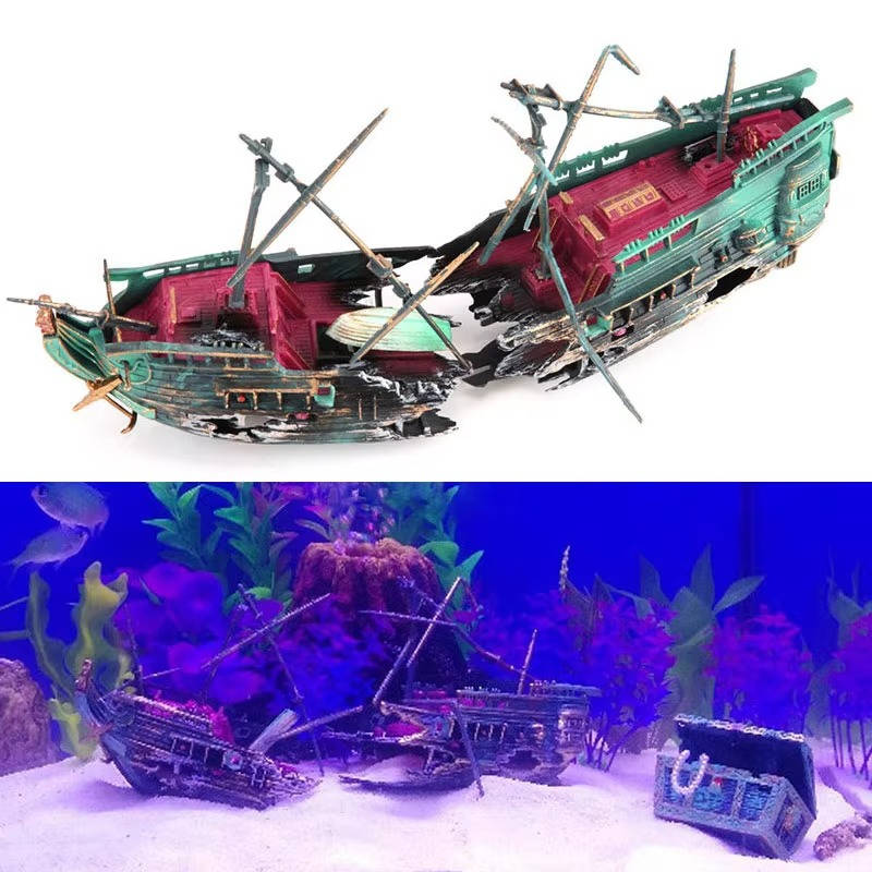 Large Sunken Boat Aquarium Decoration with Air Bubbler