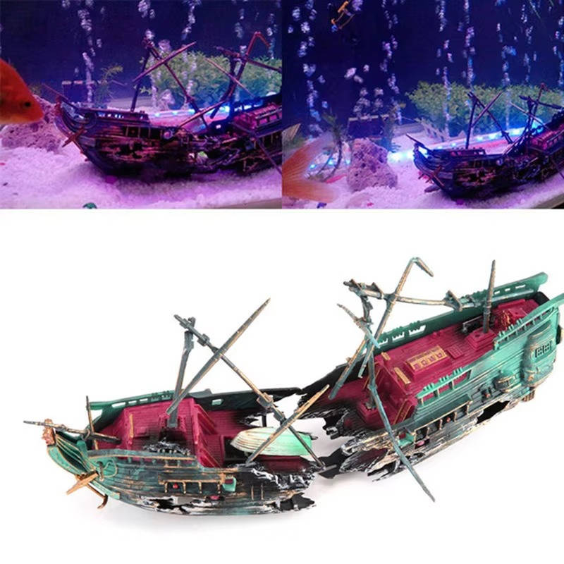 Large Sunken Boat Aquarium Decoration with Air Bubbler