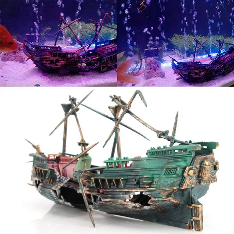 Large Sunken Boat Aquarium Decoration with Air Bubbler