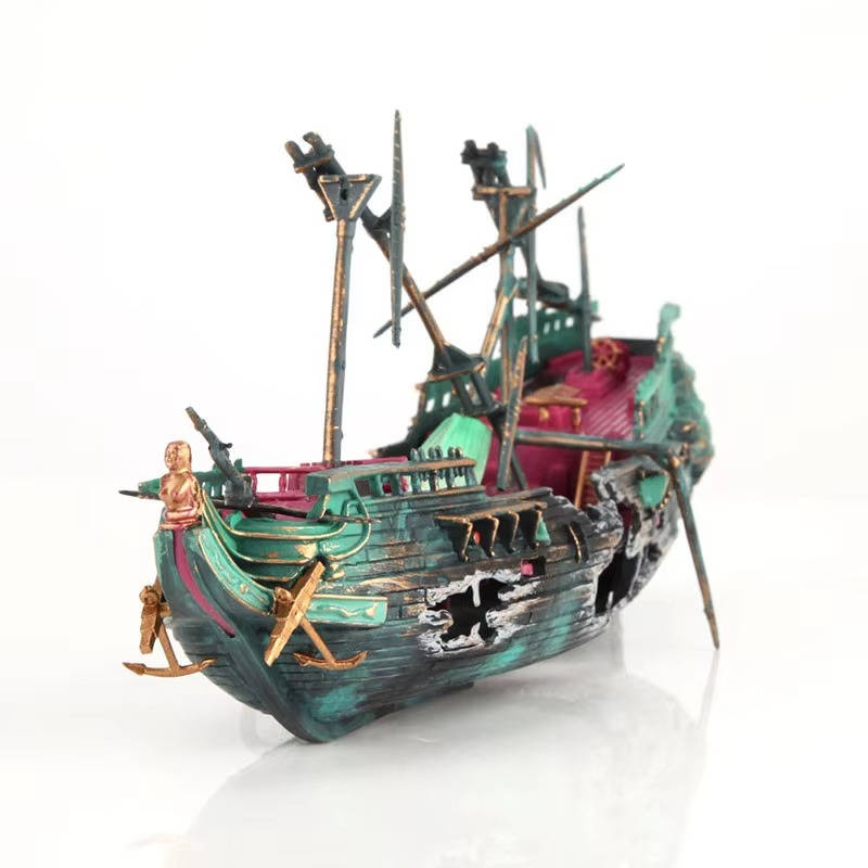 Large Sunken Boat Aquarium Decoration with Air Bubbler