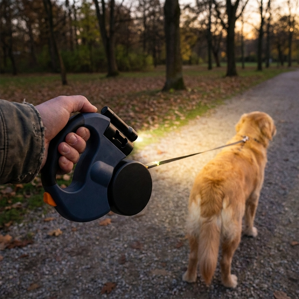 Retractable Dual Dog Leash with Flashlight and Waste Bag Holder