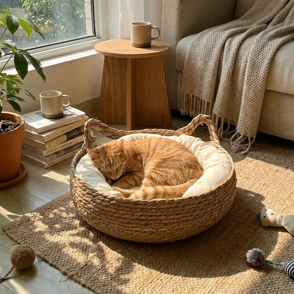 Handmade Vine Woven Cat Nest with Detachable Washable Pad