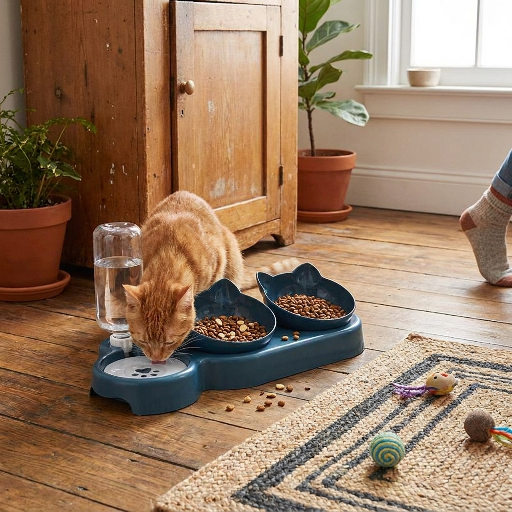 Triple Cat Bowl Feeder with Automatic Drinking Bottle