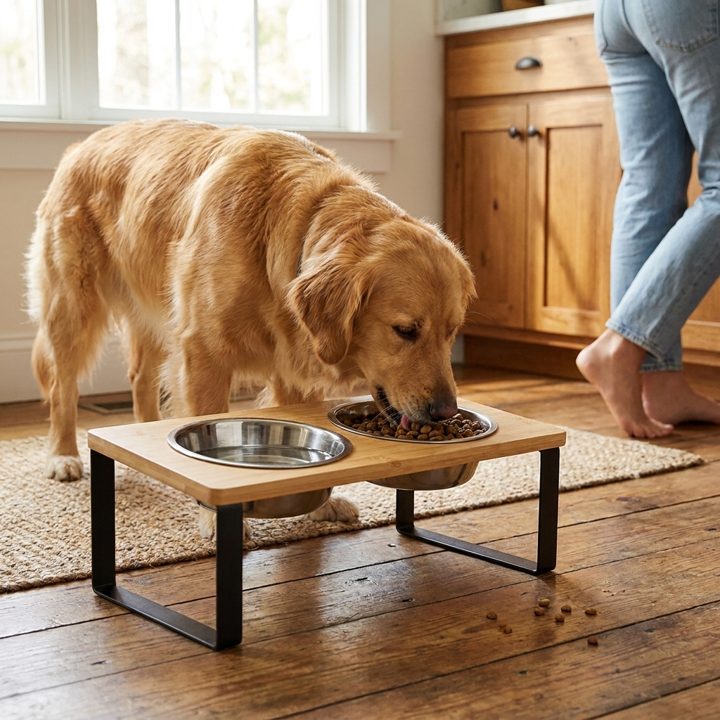 Elevated Dog Bowls with Wooden Stand and Stainless Steel Bowls