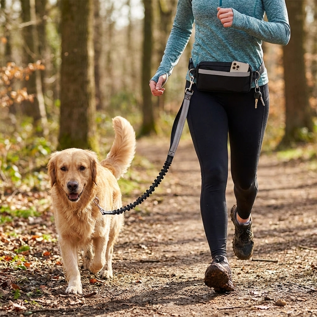 Hands-Free Double-Handle Bungee Dog Leash with Reflective Stitching