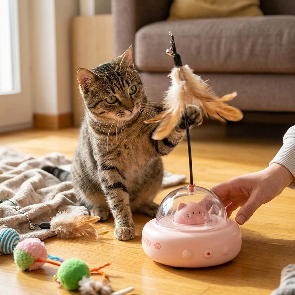 Rechargeable Electric Cat Toy with Feather Teaser Wand