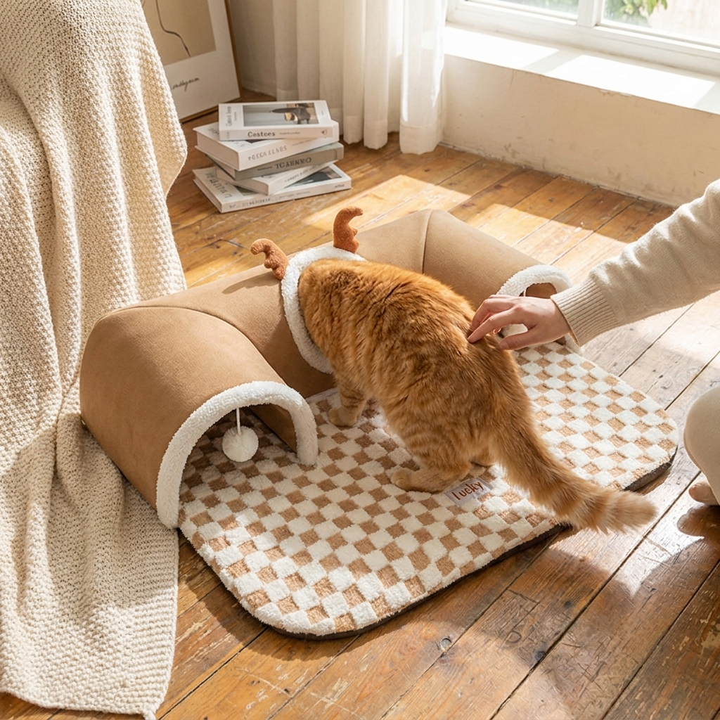 Cat Tunnel Bed with Peekaboo Plush Toy for Kittens