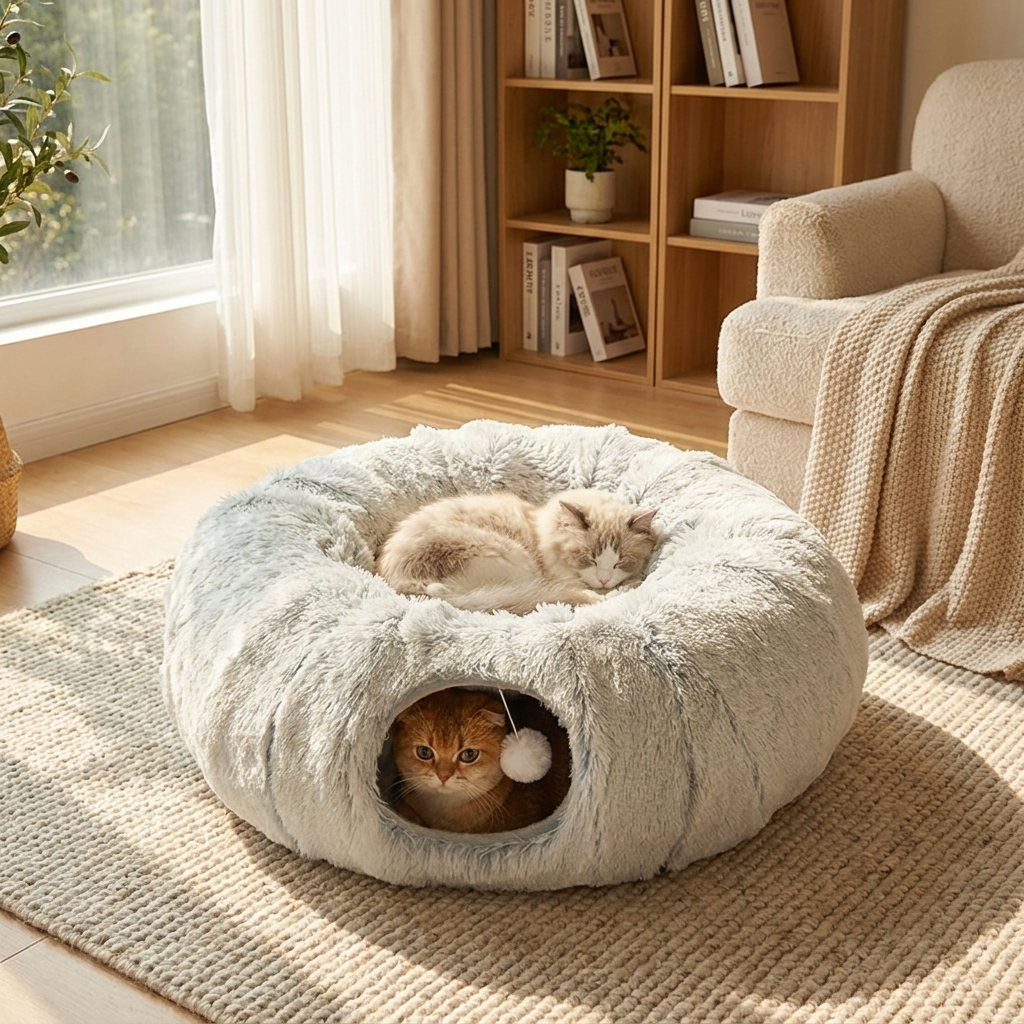Plush Donut Cat Bed with Tunnel