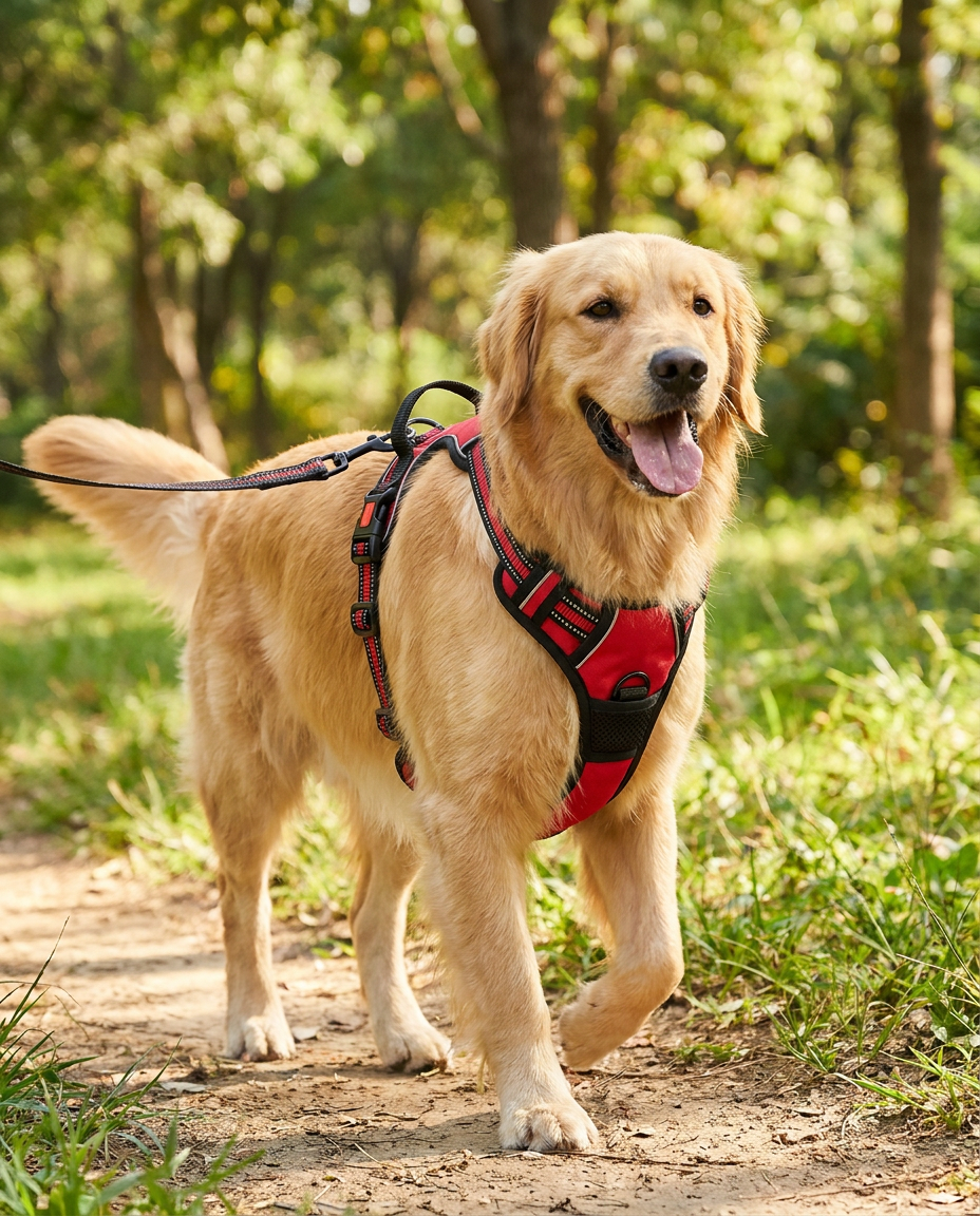 Reflective Nylon Chest and Back Harness for Dogs in use, lifestyle background