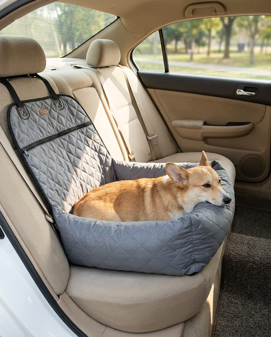 Deluxe Pet Car Cushion in use, lifestyle background