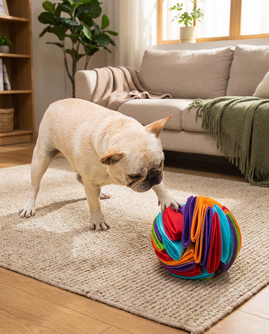 Collapsible IQ Boosting Snuffle Ball in use, lifestyle background
