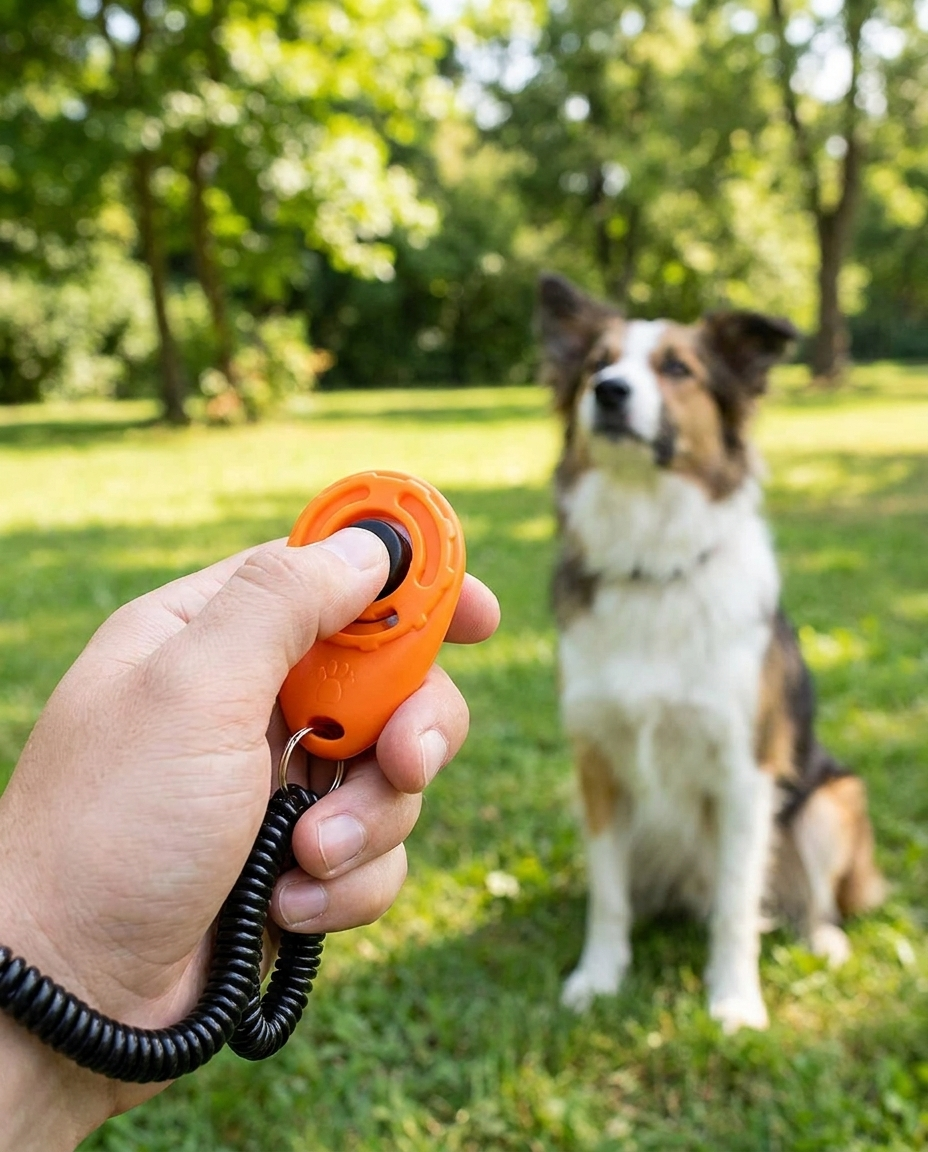 Keychain Dog Command Clicker in use, lifestyle background