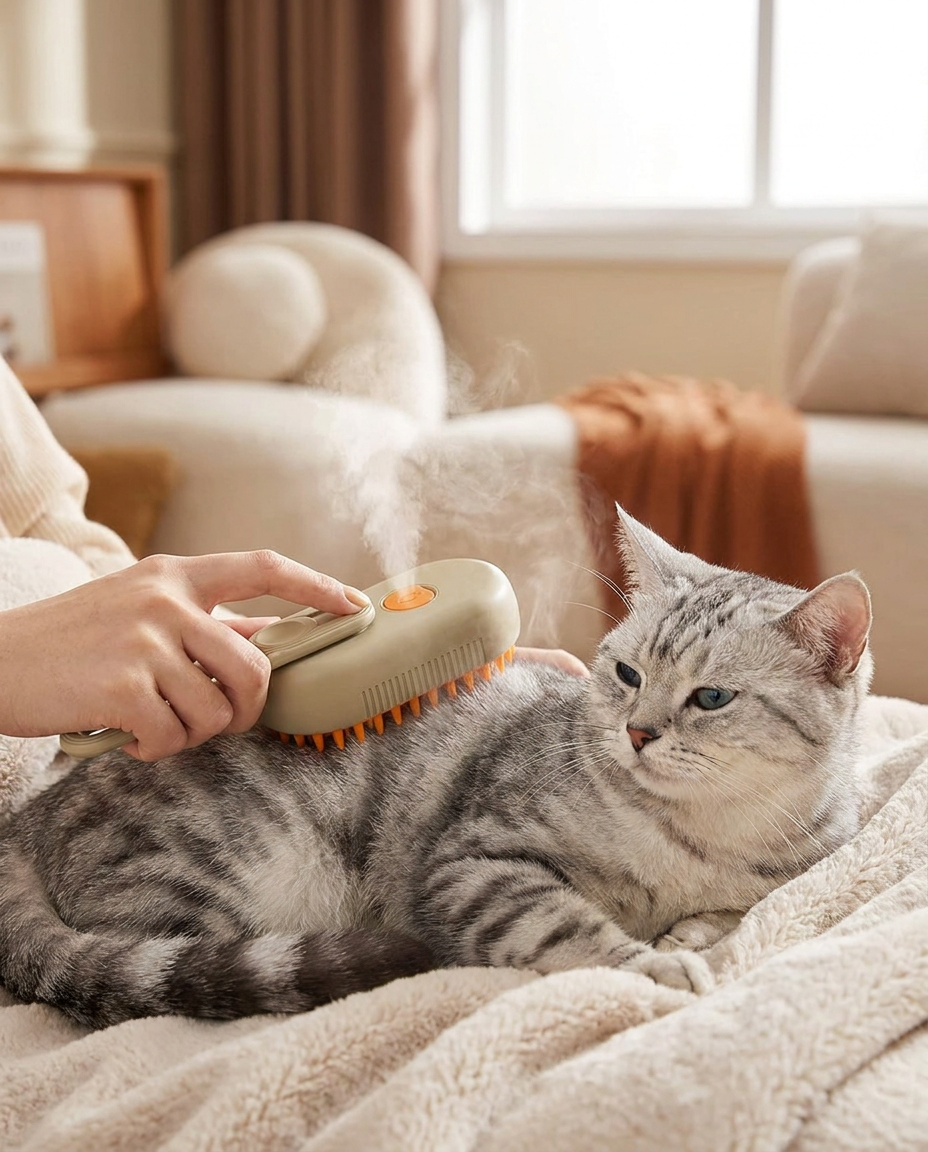 3-in-1 Pet Steam Grooming Brush in use, lifestyle background