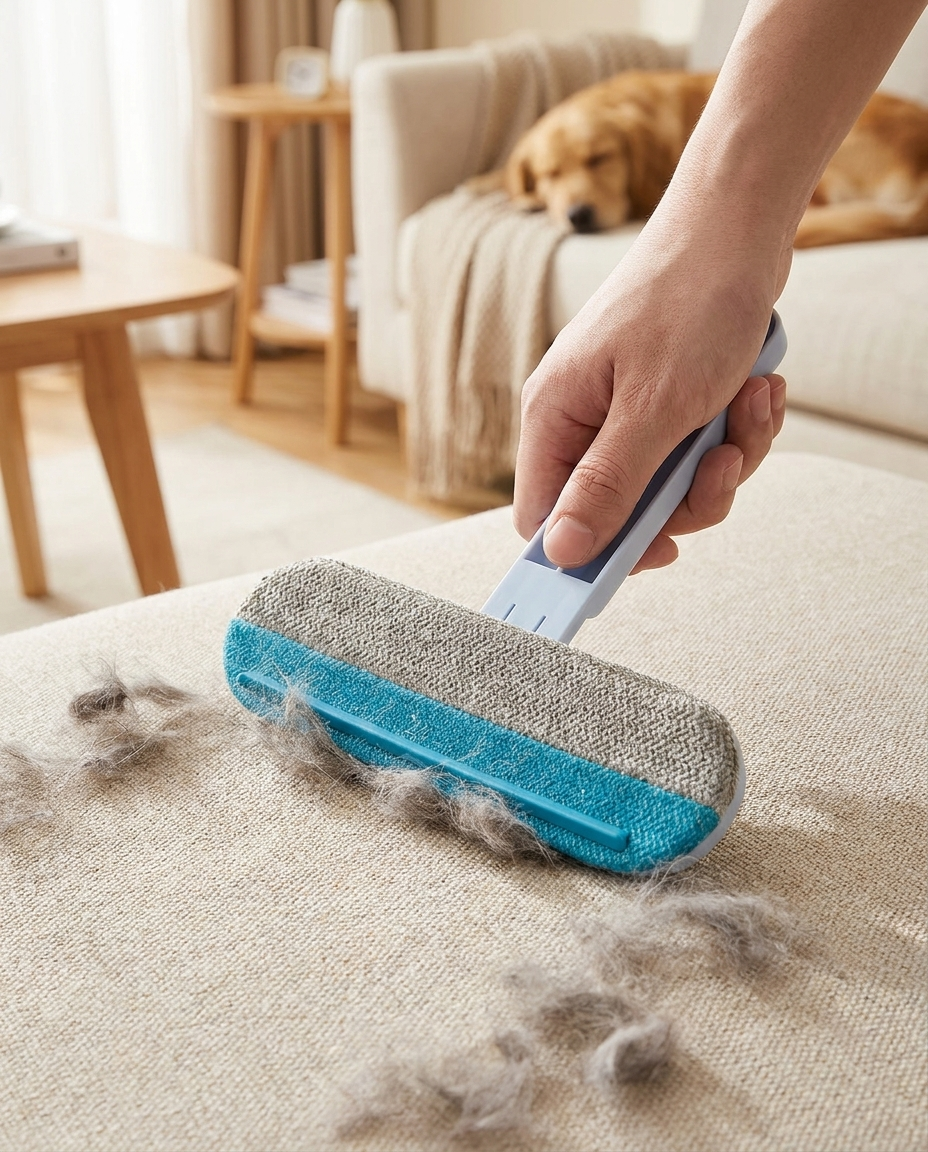 4 in 1 Pet Hair Remover Tool in use, lifestyle background
