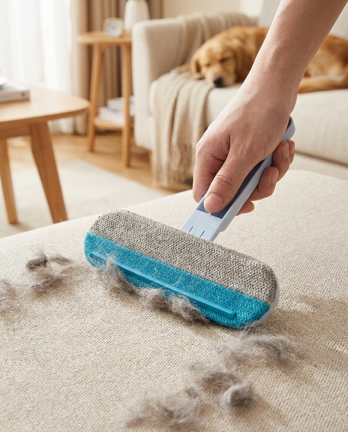 4 in 1 Pet Hair Remover Tool in use, lifestyle background