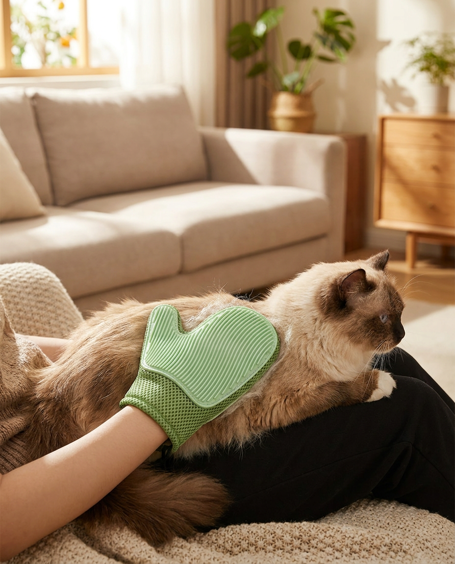 2in1 cat glove for grooming in use, lifestyle background