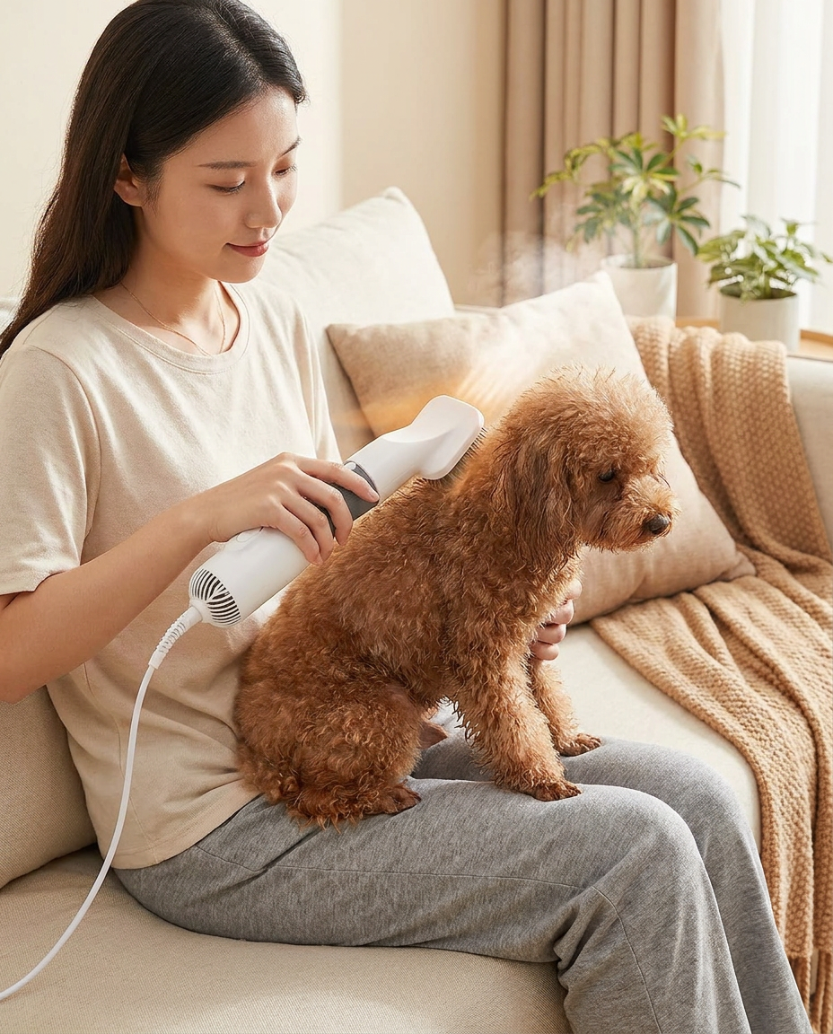 3-in-1 Dog Hair Dryer and Grooming Brush in use, lifestyle background