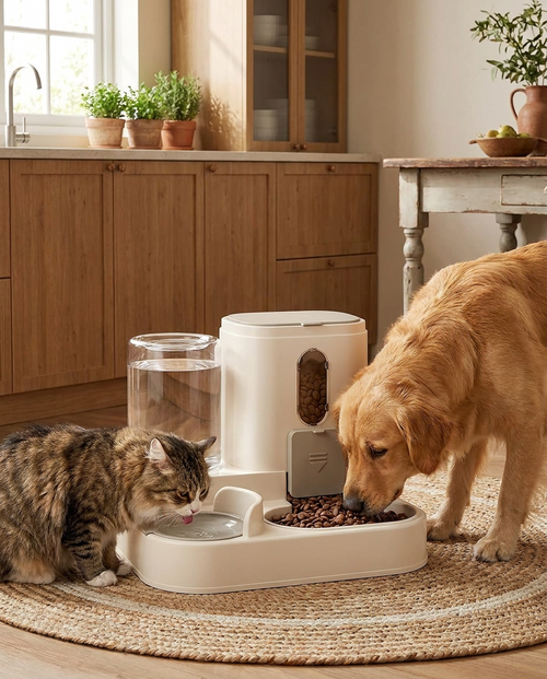 2 in 1 Dog and Cat Feeder with Water Dispenser in use, lifestyle background