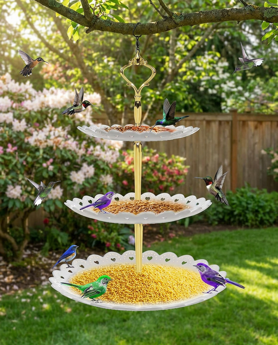3-Tier Hanging Bird Feeder & Bird Bath Combo in use, lifestyle background