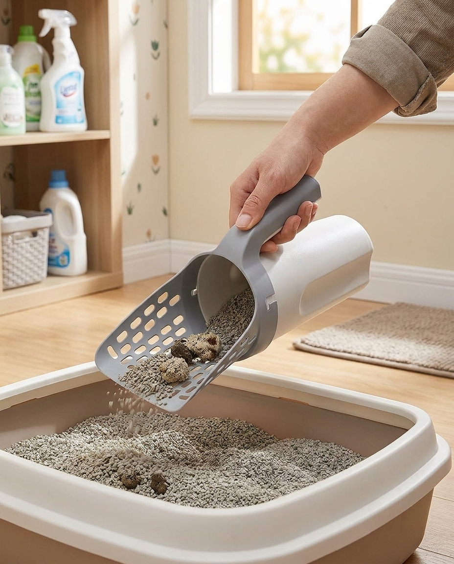 All-In-One Cat Litter Scoop With Waste Container in use, lifestyle background