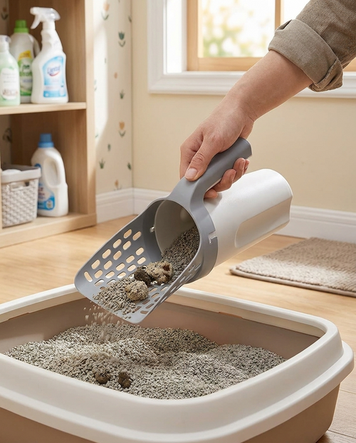 All-In-One Cat Litter Scoop With Waste Container in use, lifestyle background