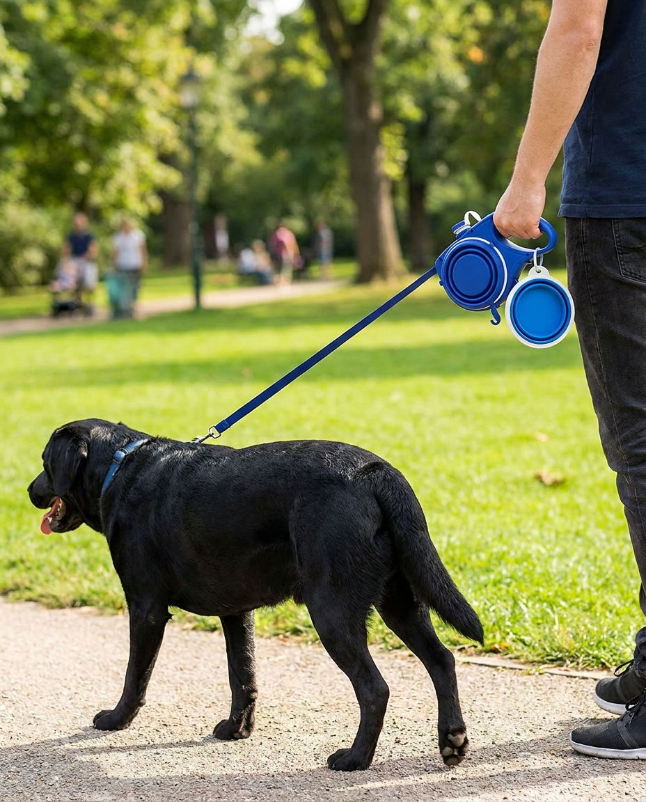 4-in-1 Multifunctional Dog Leash with Water Bottle & Bowl in use, lifestyle background